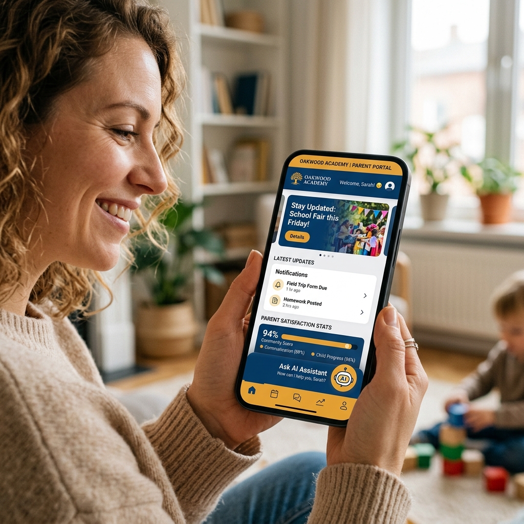 Custom branded school parent app showing parent updates and satisfaction stats